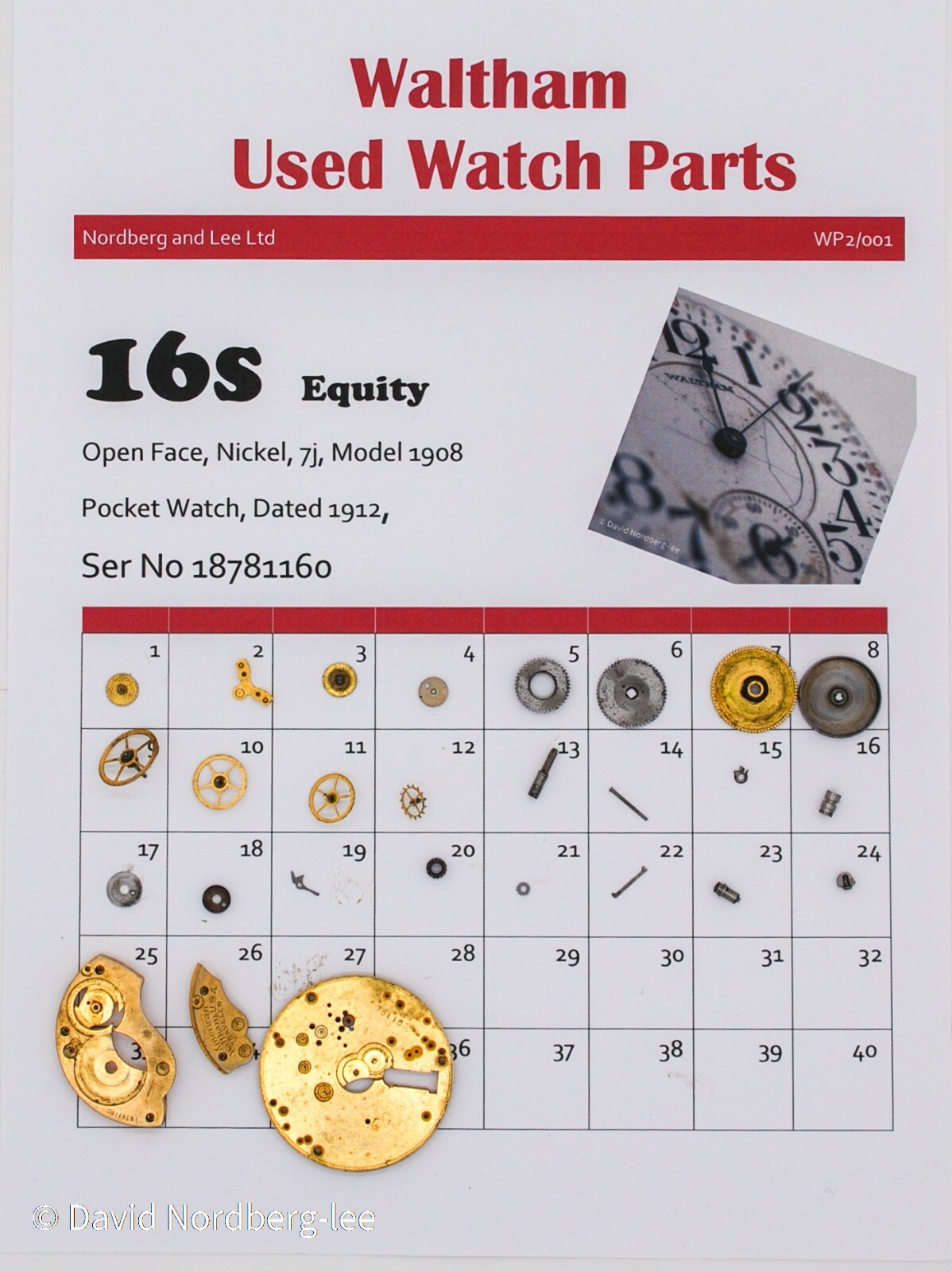 Waltham 16 / 16s Traveller Used Watch Parts, Model 1908, Equity Ser No 18781160