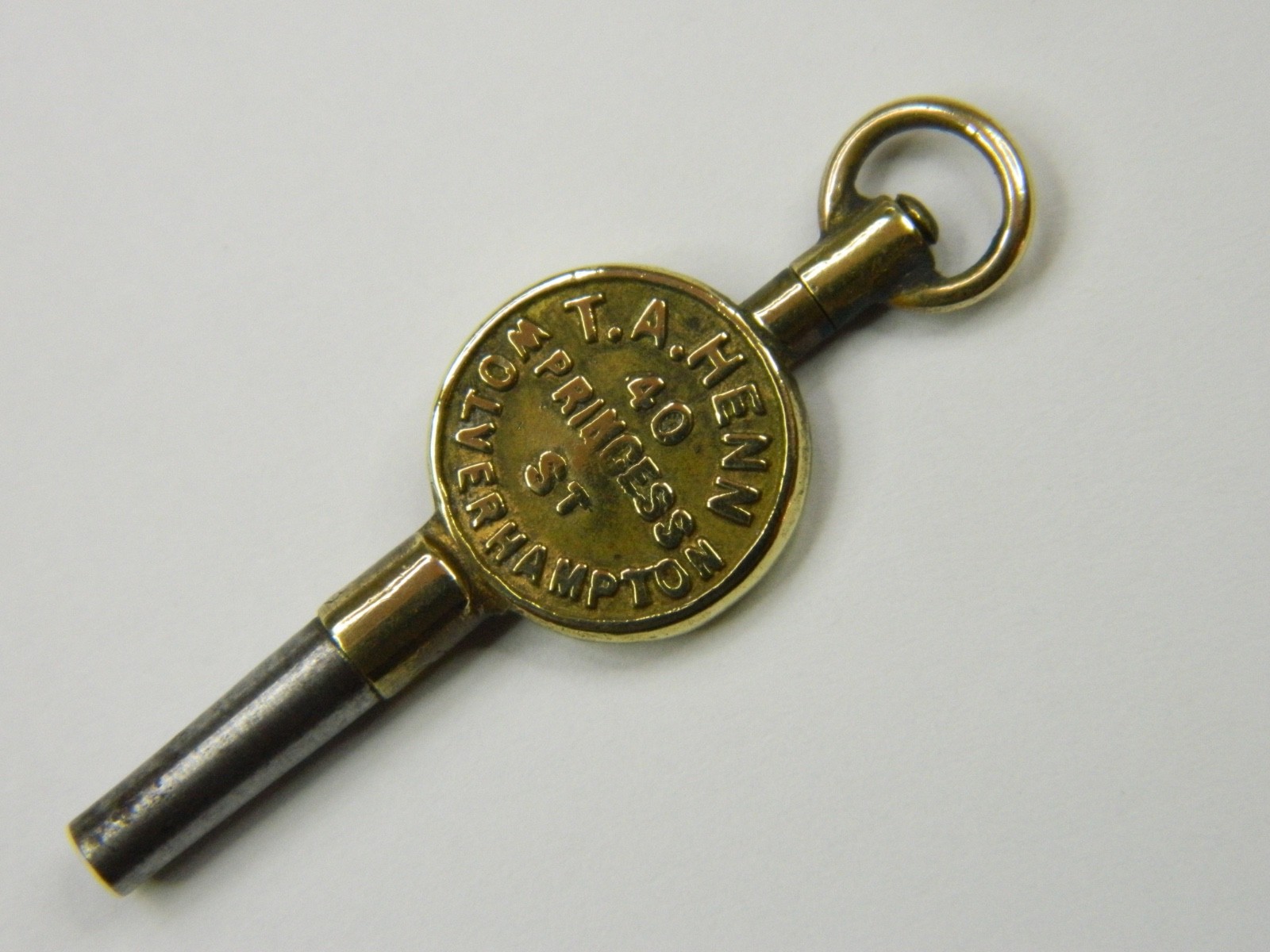 FINE ANTIQUE 1880 VICTORIAN ENGLISH ADVERTISING #9 GILT STEEL POCKET WATCH KEY