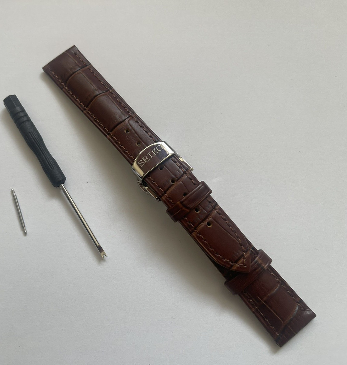 Seiko 20mm Brown Croc Leather Strap with stainless steel Butterfly Deployment