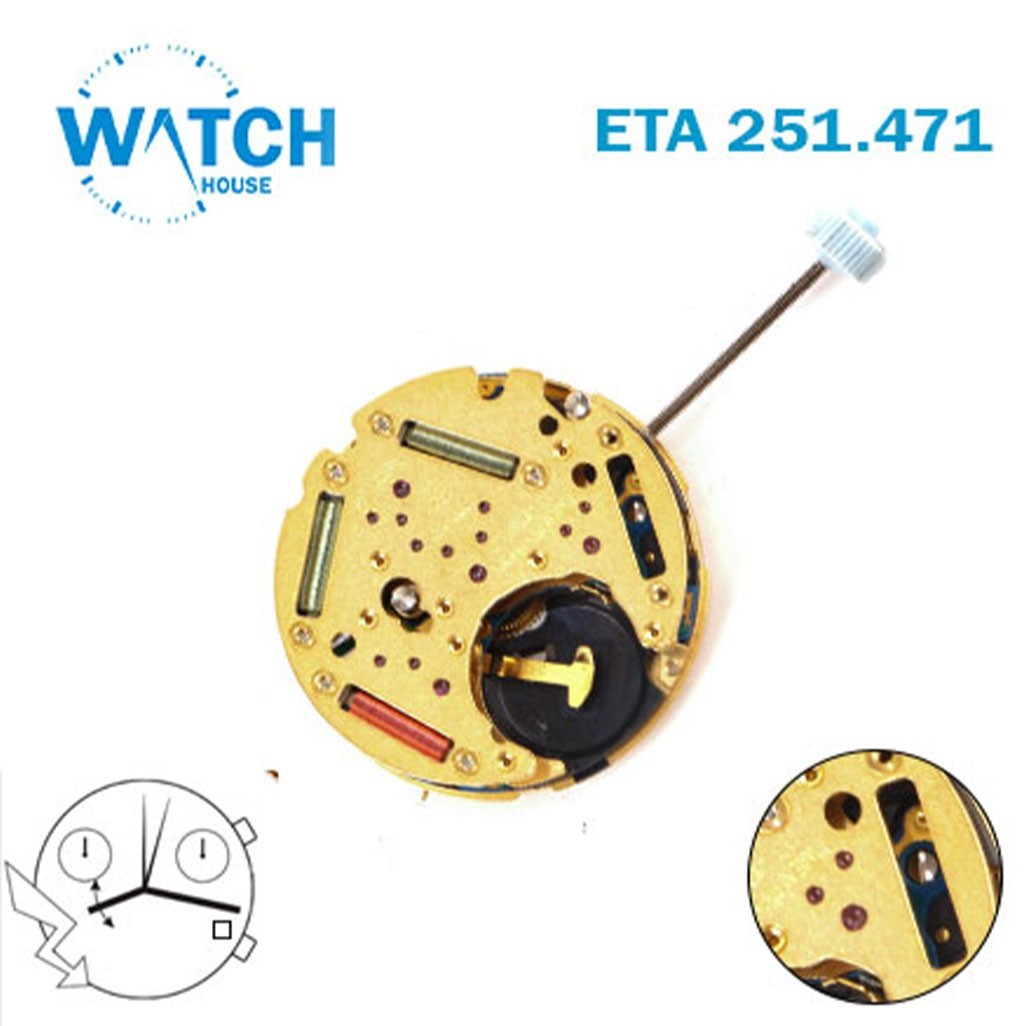 ETA 251.471, Swiss Quartz Chronograph Watch Movement– Date at 4, 2 Counter -NOS-