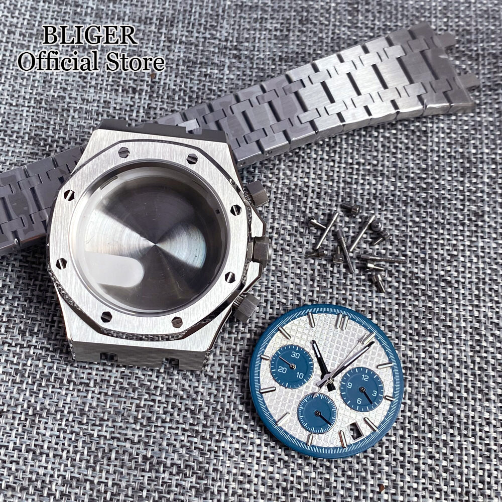42mm Brushed Watch Case Bracelet 32.1mm Black Blue Dial Fit VK63 Quartz Sapphire