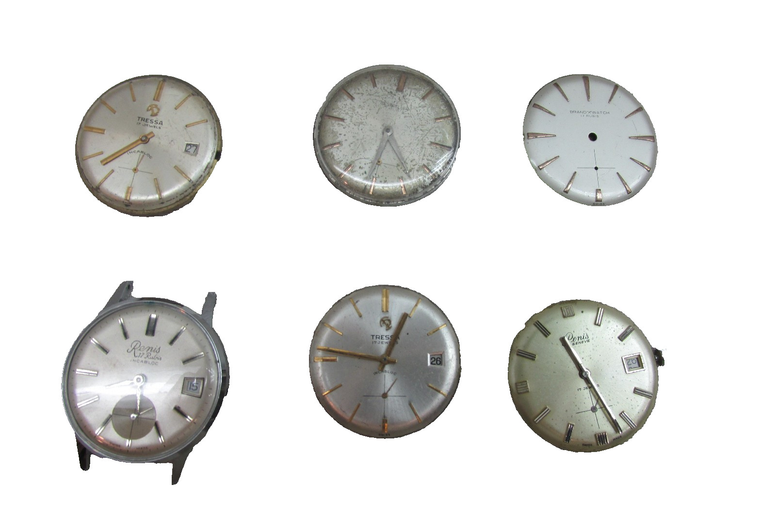 Lot of 6 Vintage Swiss UT Unitas Movements & Dials – Tressa, Renis, Denis – 17 J