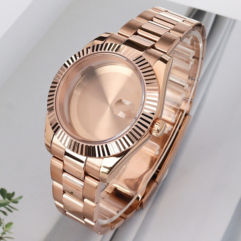 Steel Oyster Rose Gold Watch Case 36mm/39mm Fluted Bezel For Seiko NH35 Movement
