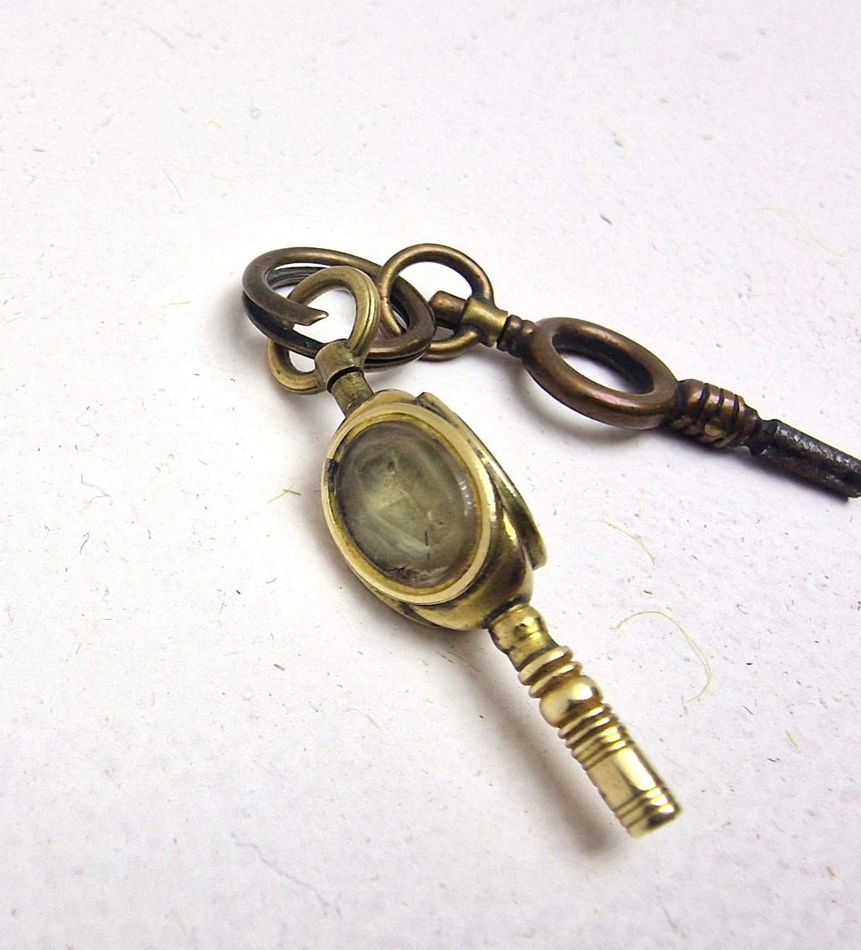 Antique Brass Pocket Watch Winding Keys Multi Stone Swivel Fob Victorian Era