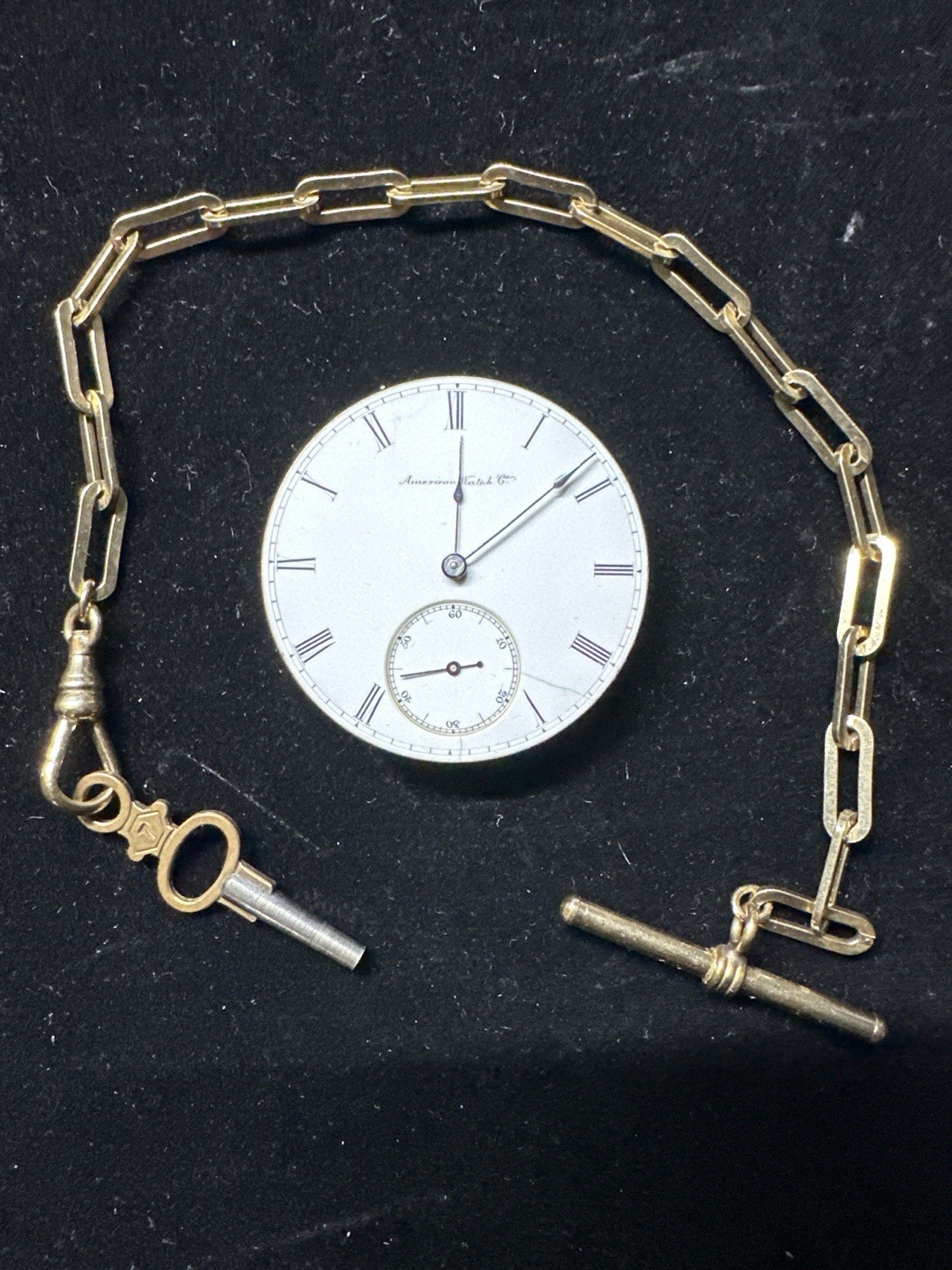 Vintage Working American Waltham Pocket Watch Movement W/winding Key /GF Chain
