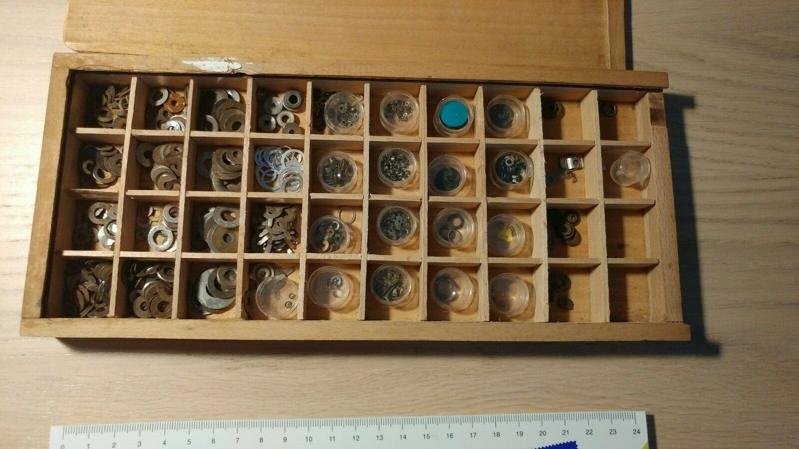 Vintage Wooden Compartment Tray, for Watchmaking, with Various Components