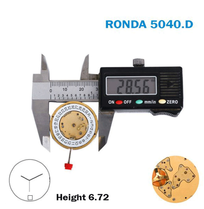 Ronda 5040.D Swiss Made Movement, 3Hands , Chronograph, 13 jewels, Gold Plated.