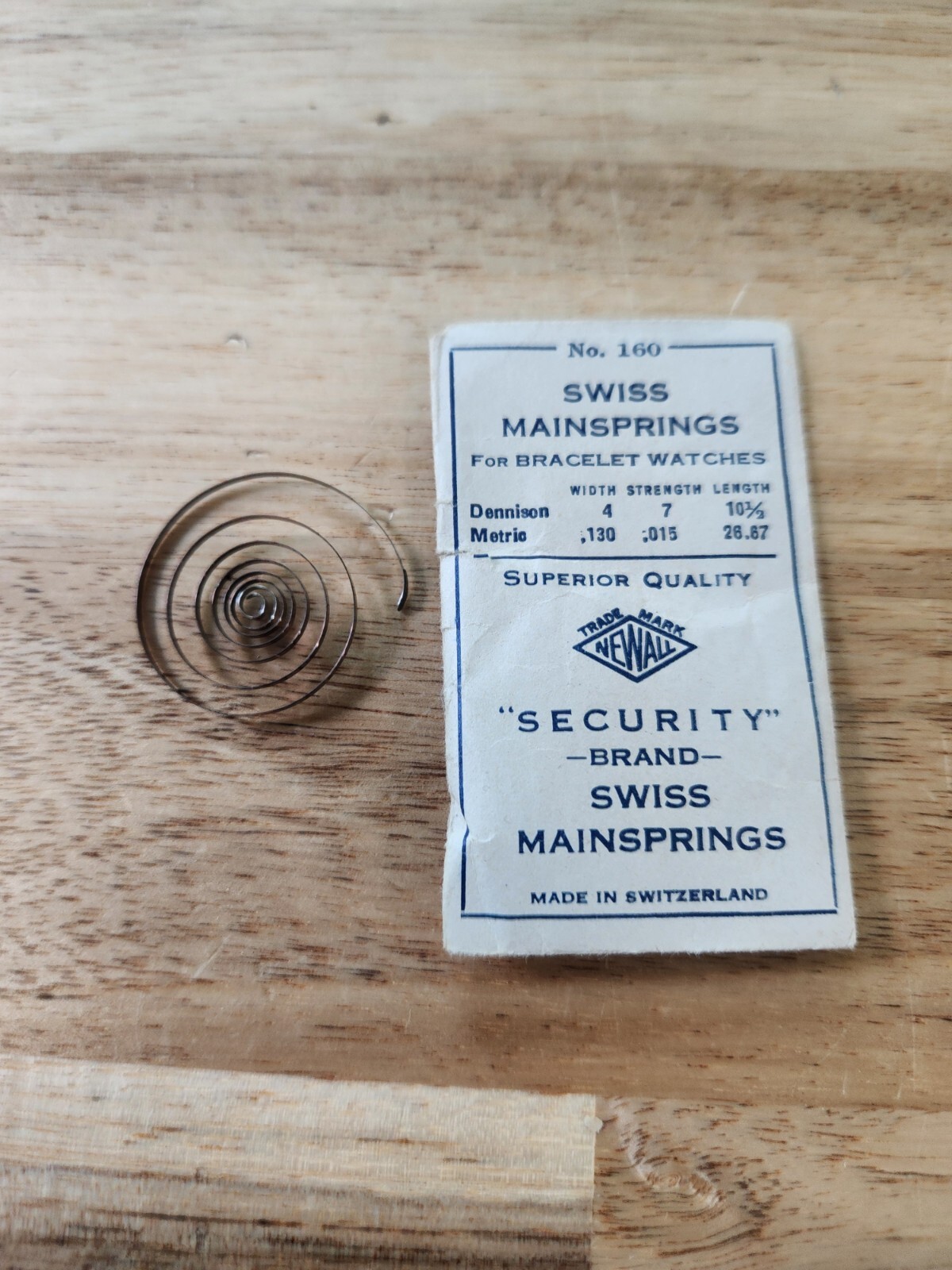 Newall Security Swiss Mainspring No. #160 for 16 Size Watches, .130 .015 26.67