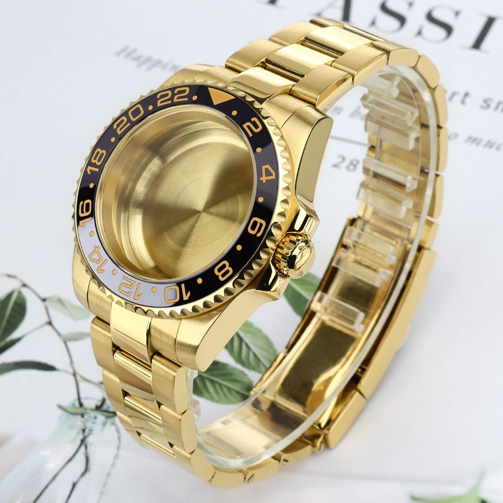 40mm GMT Golden Watch Case+Oyster Bracelet Sapphire 10ATM For Japan NH35 ETA2824
