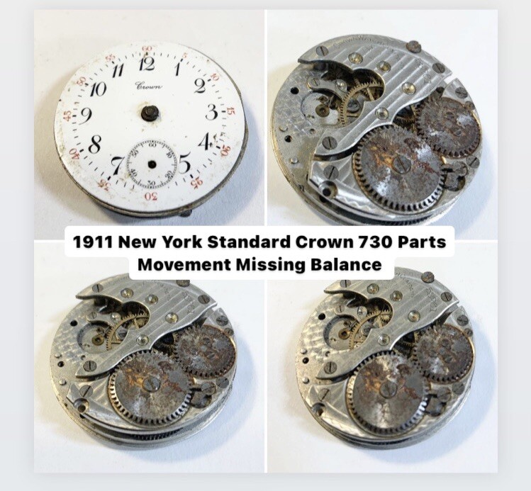 1911 New York Standard Crown 730 Pocket Watch Parts Movement 3/0 7J 53261 28mm