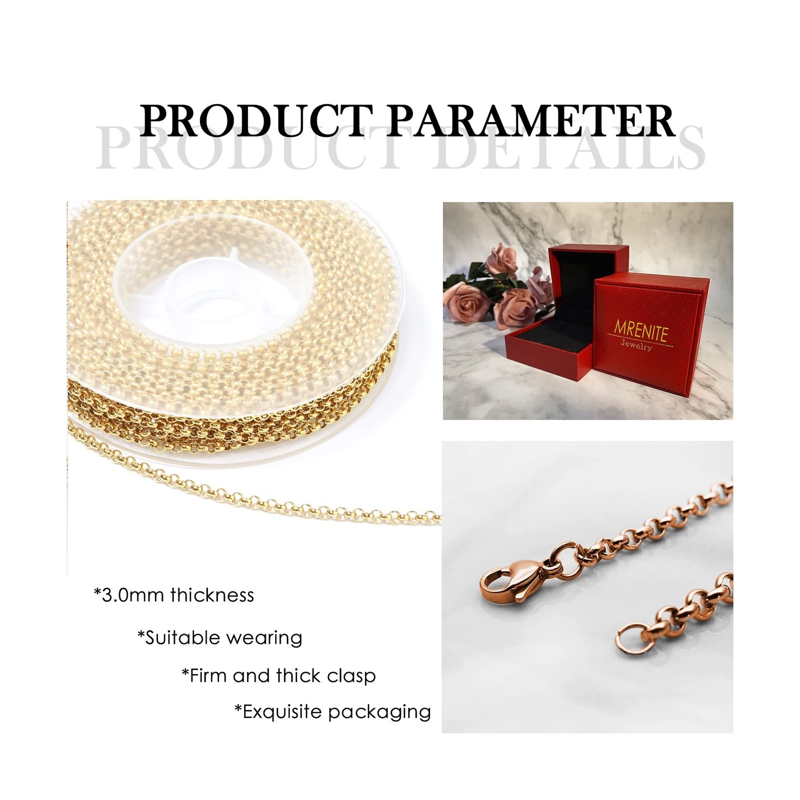 MRENITE Solid 18k Gold 1mm/1.1mm/1.3mm/3mm Round Rolo Cable Chain Necklace Go…