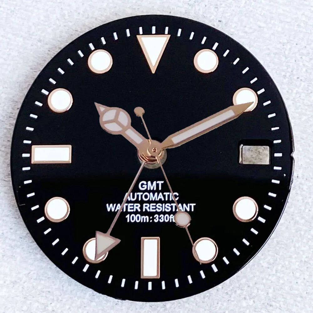 Luminous Black Sub Watch Dial 29mm for nh34 gmt Movement Black/Gold/Rose Gold