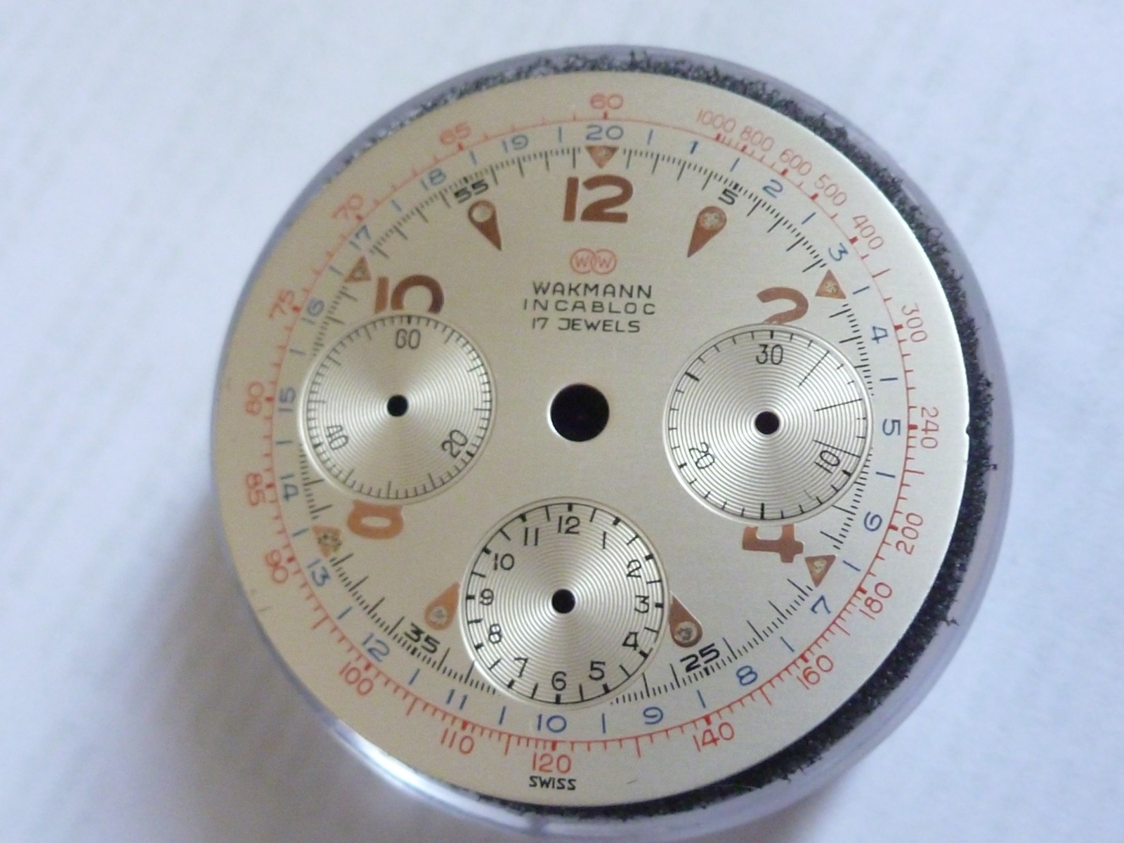 Vintage Wakmann Chronograph Dial Swiss Made Valjoux 72 Triple Register 31,5mm