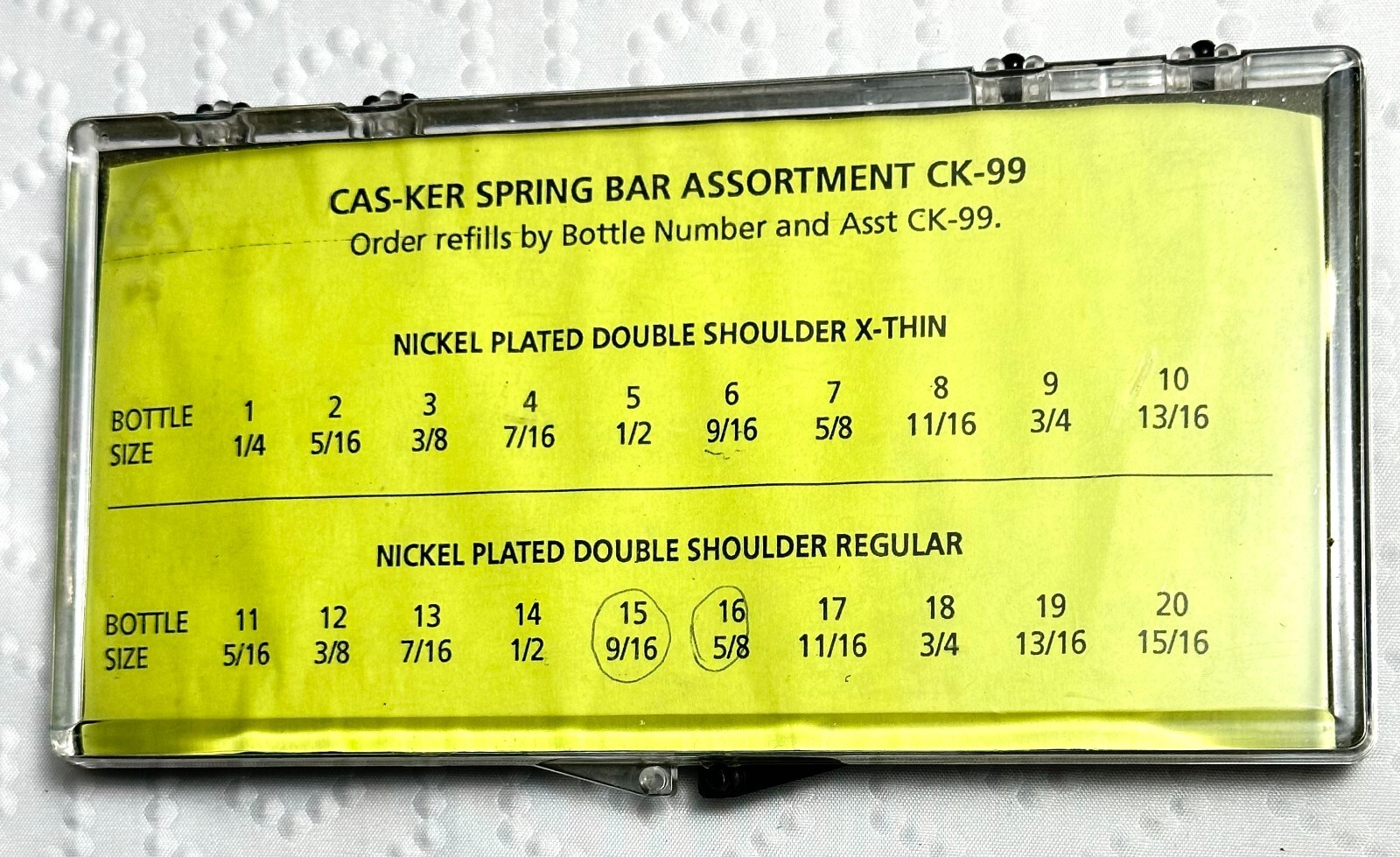 CasKer Co Ck-99 Nickel plated Double Shoulder Spring Bar Assortment VIAL 7 EMPTY