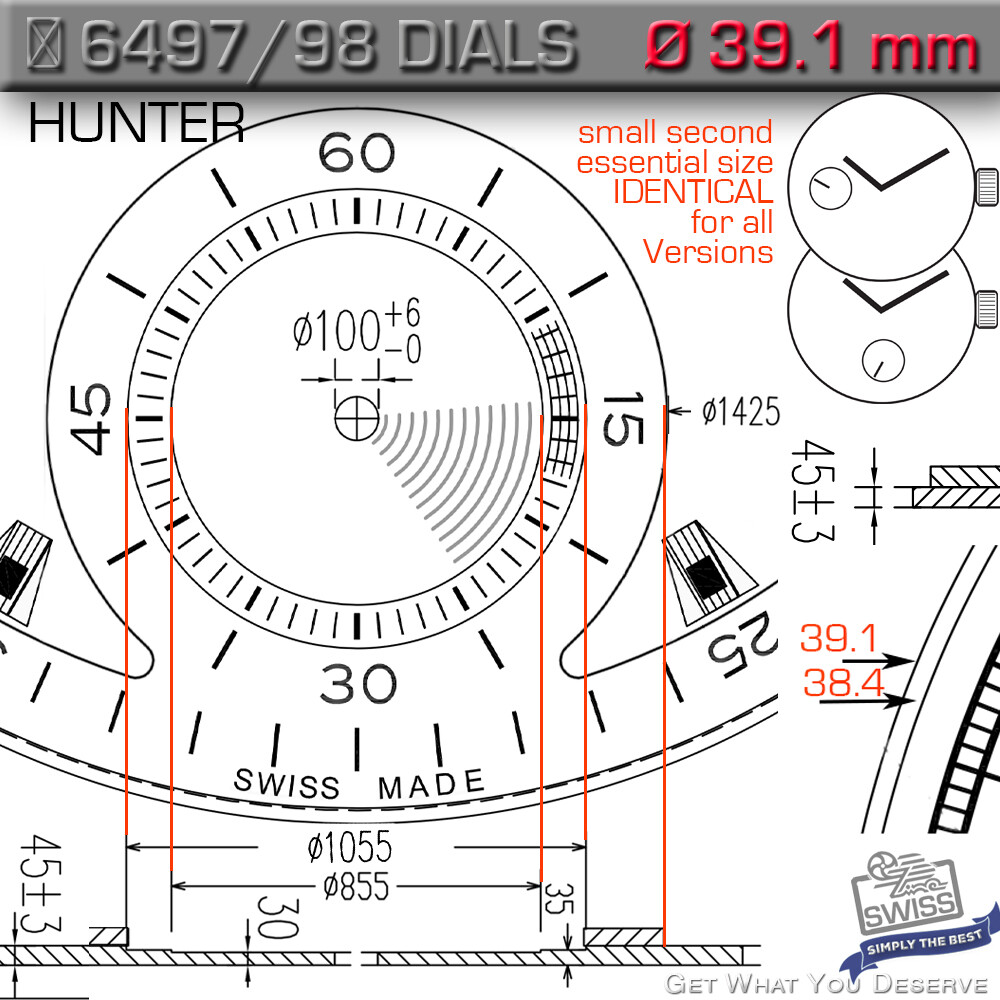 DIAL HUNTER Ø 39.1 MM FOR MOVEMENT ETA UNITAS 6497/98, BLACK-BROWNISH, Ref 11-14