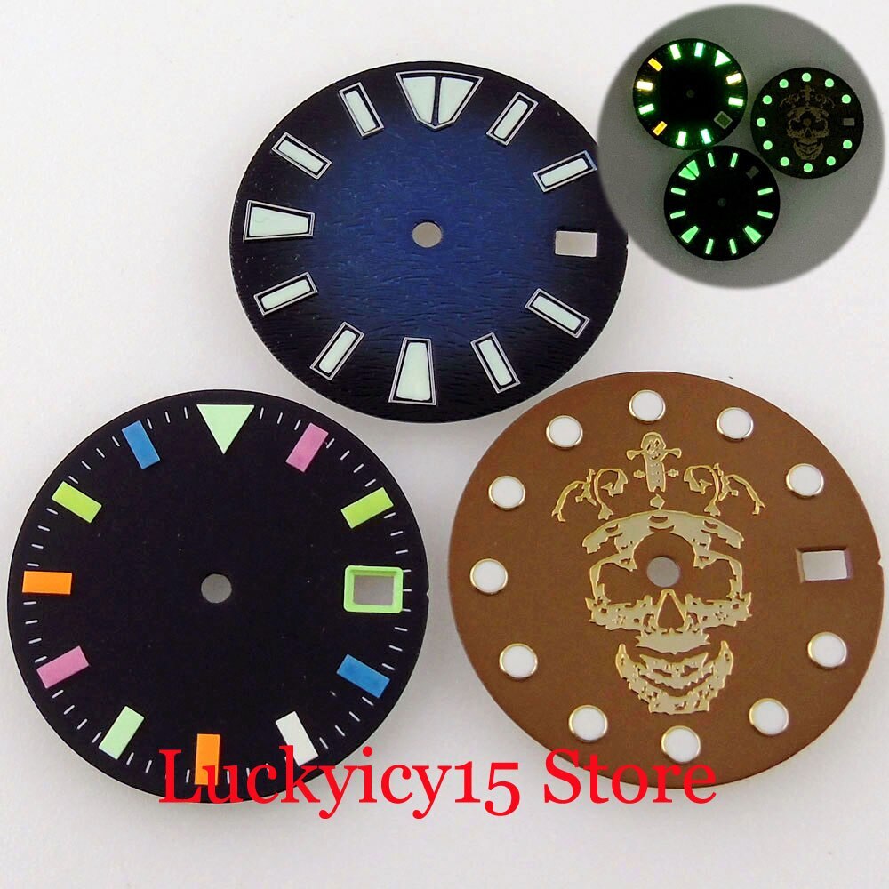 28.5mm Skull Watch Dial Face fit NH35A 4.2/3 O’clock Crown Luminous Index