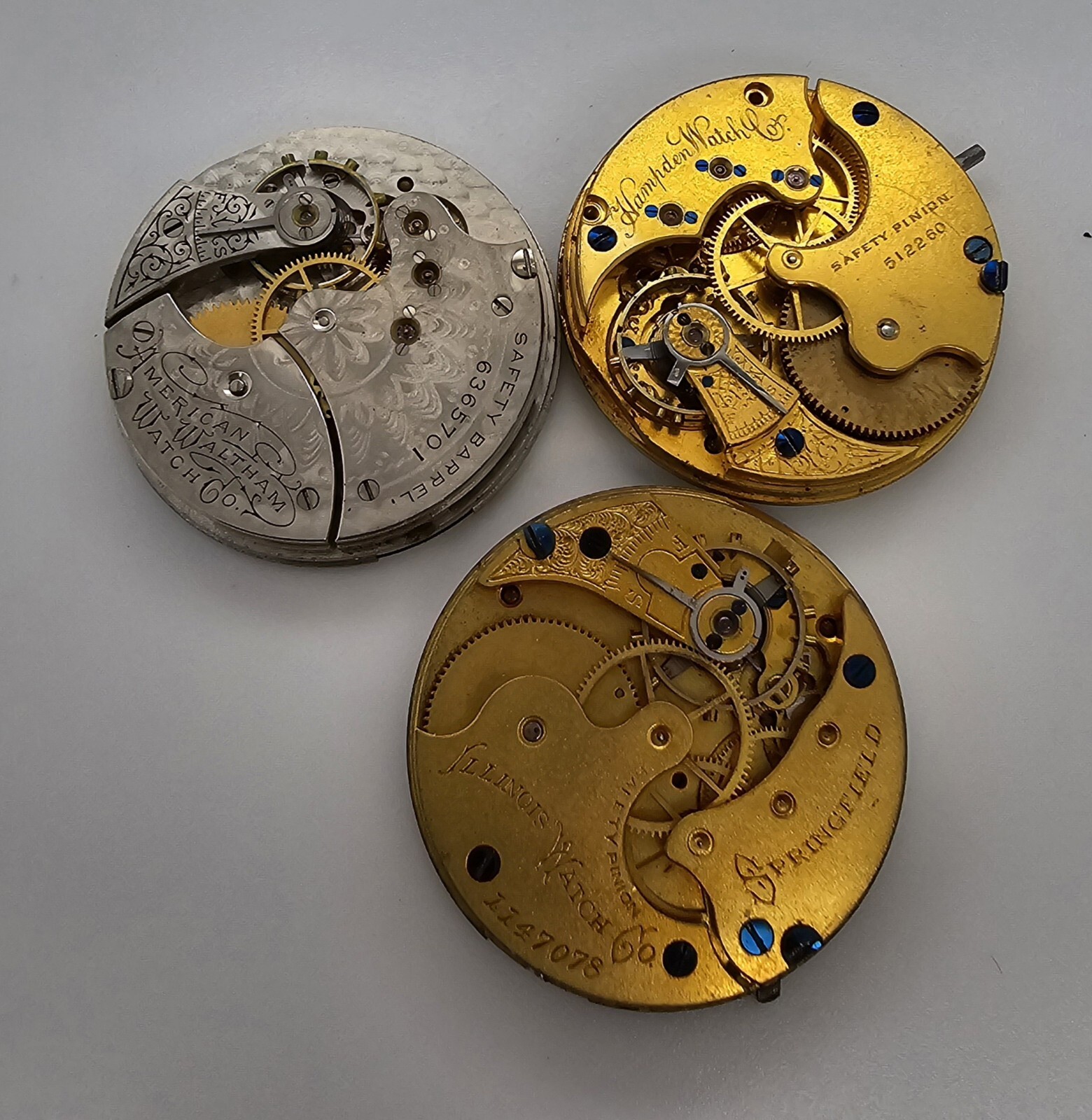 Lot Of 3 Pocket Watch 6s Movements Hampden Illinois American Waltham