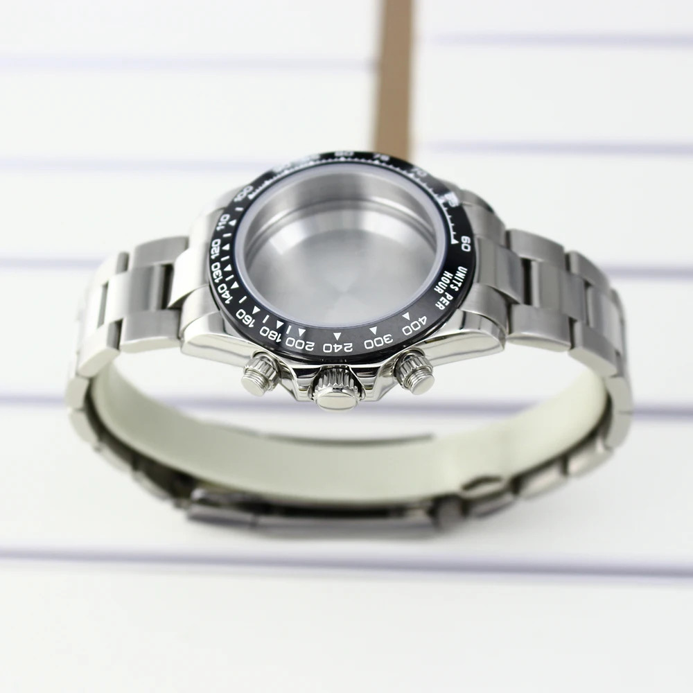 39mm Watch Case Strap Sapphire Glass Fixed ceramic ring For Seiko VK63 Movement