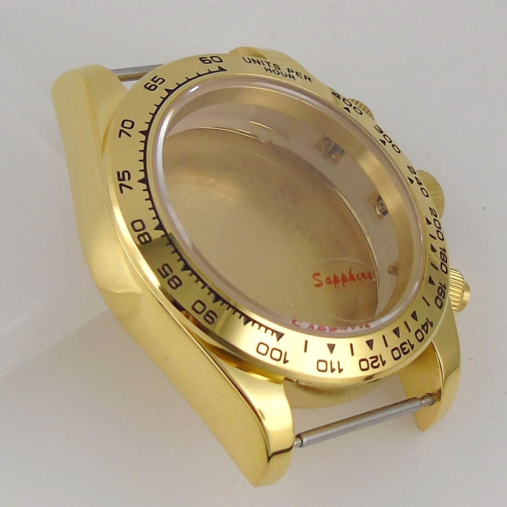 39mm Yellow Gold Watch Part Case Sapphire Glass Fit VK63 VK64 Quartz Solid Back