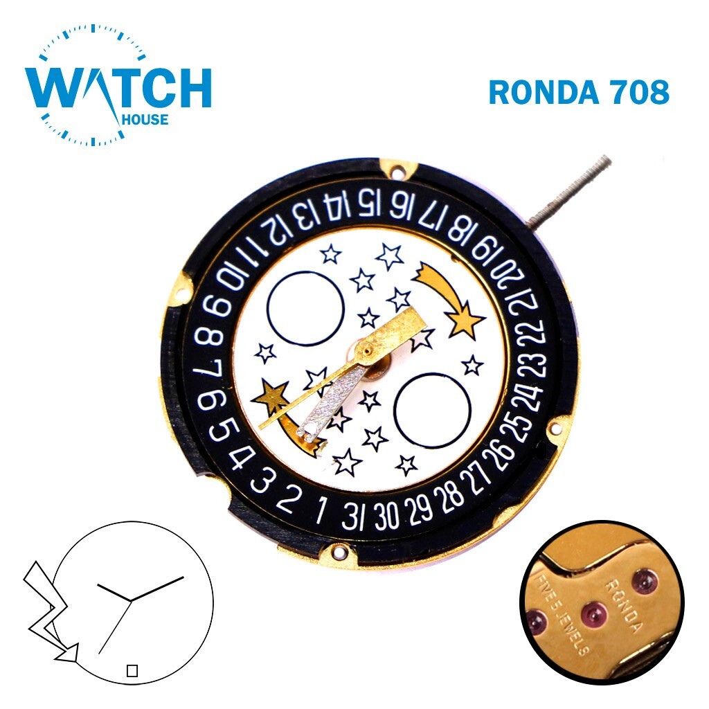 RONDA 708 Watch Movement SWISS🇨🇭 Made , Black Date Disk on 6, 3 Hands .
