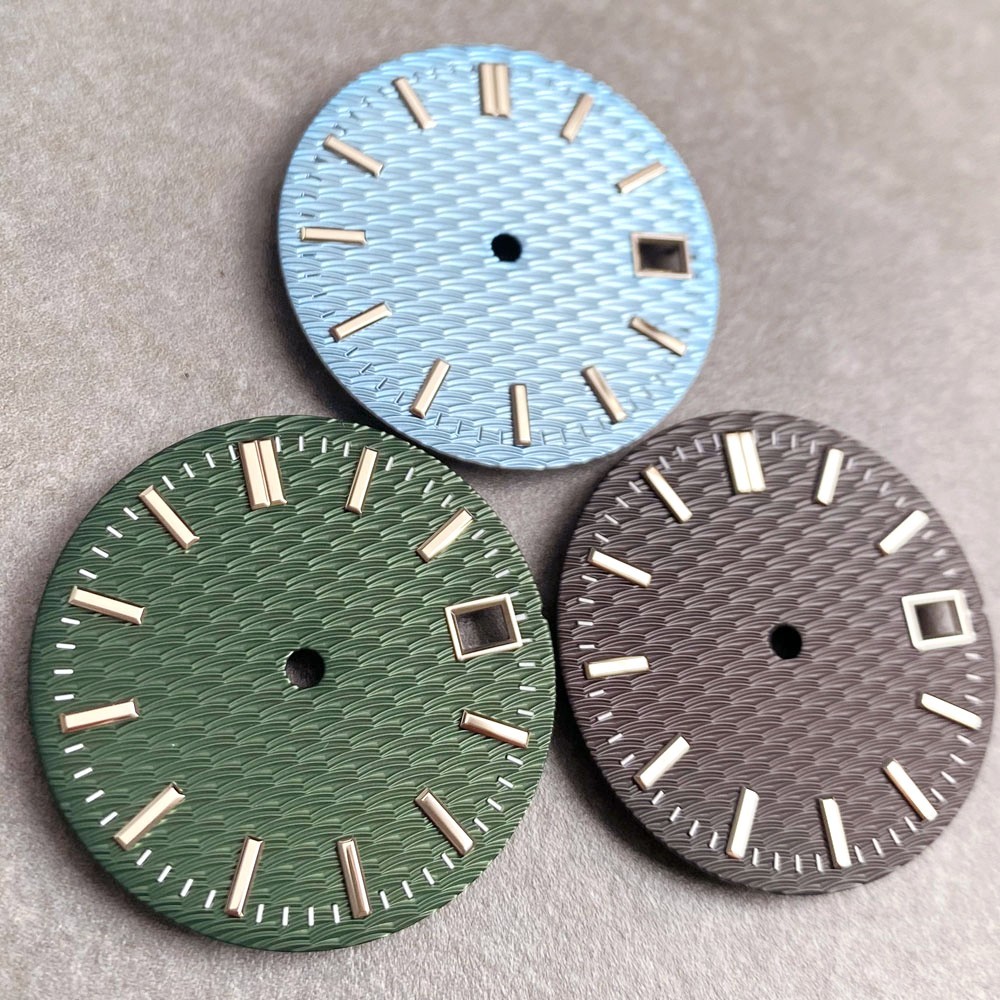 Fit NH35 Black/Blue/Green/White 29mm Watch Dial Wavy Texture Baton Marks Sterile