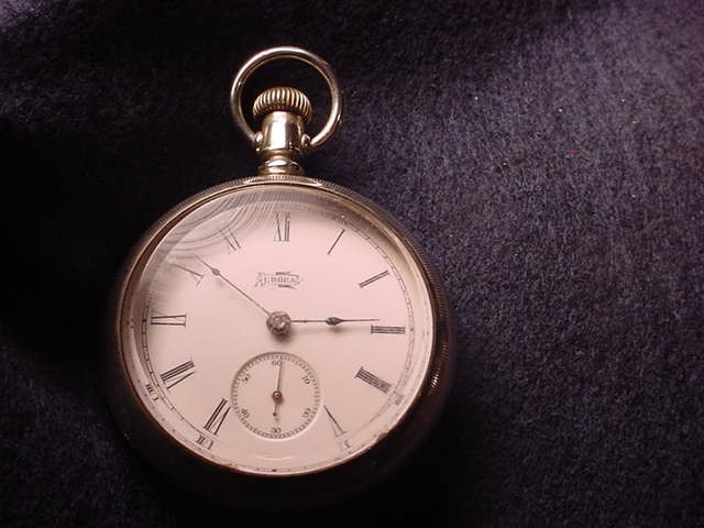 AURORA 18 SIZE OPEN FACE POCKET WATCH WHICH RUNS & SETS & IS IN ORIGINAL CASE!#5
