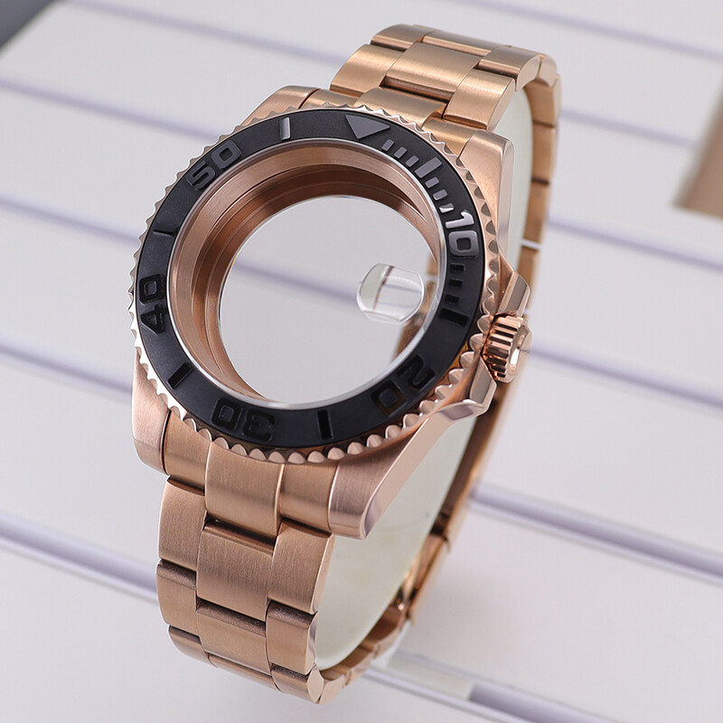 40mm Rose Gold Watch Case Sliding Lock Strap Sapphire Glass For Seiko nh35 YACHT