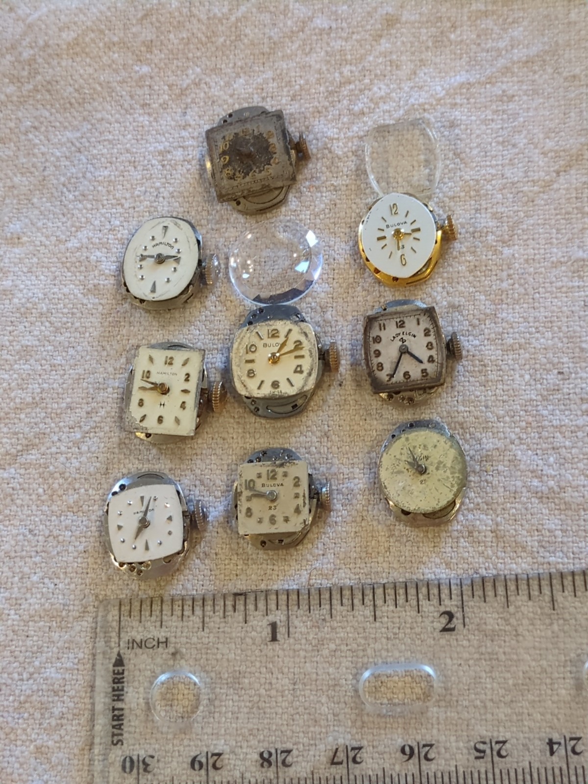 Lot of 9 LADIES WATCH MOVEMENTS For PARTS REPAIR. Hamilton, Bulova, Lady Elgin.