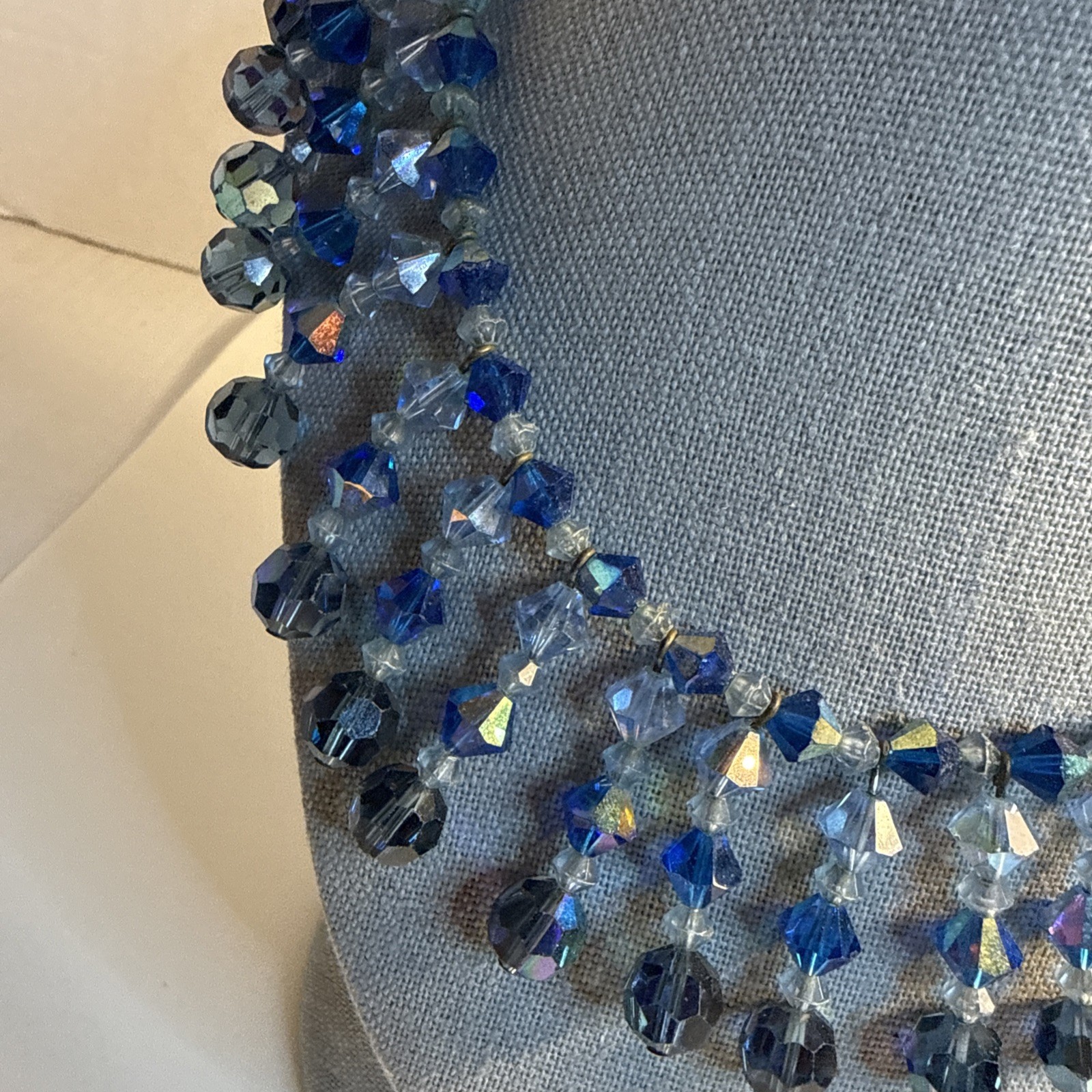 Vintage Blue Glass Or Crystal Borealis Choker Necklace Beautiful 15” 50s