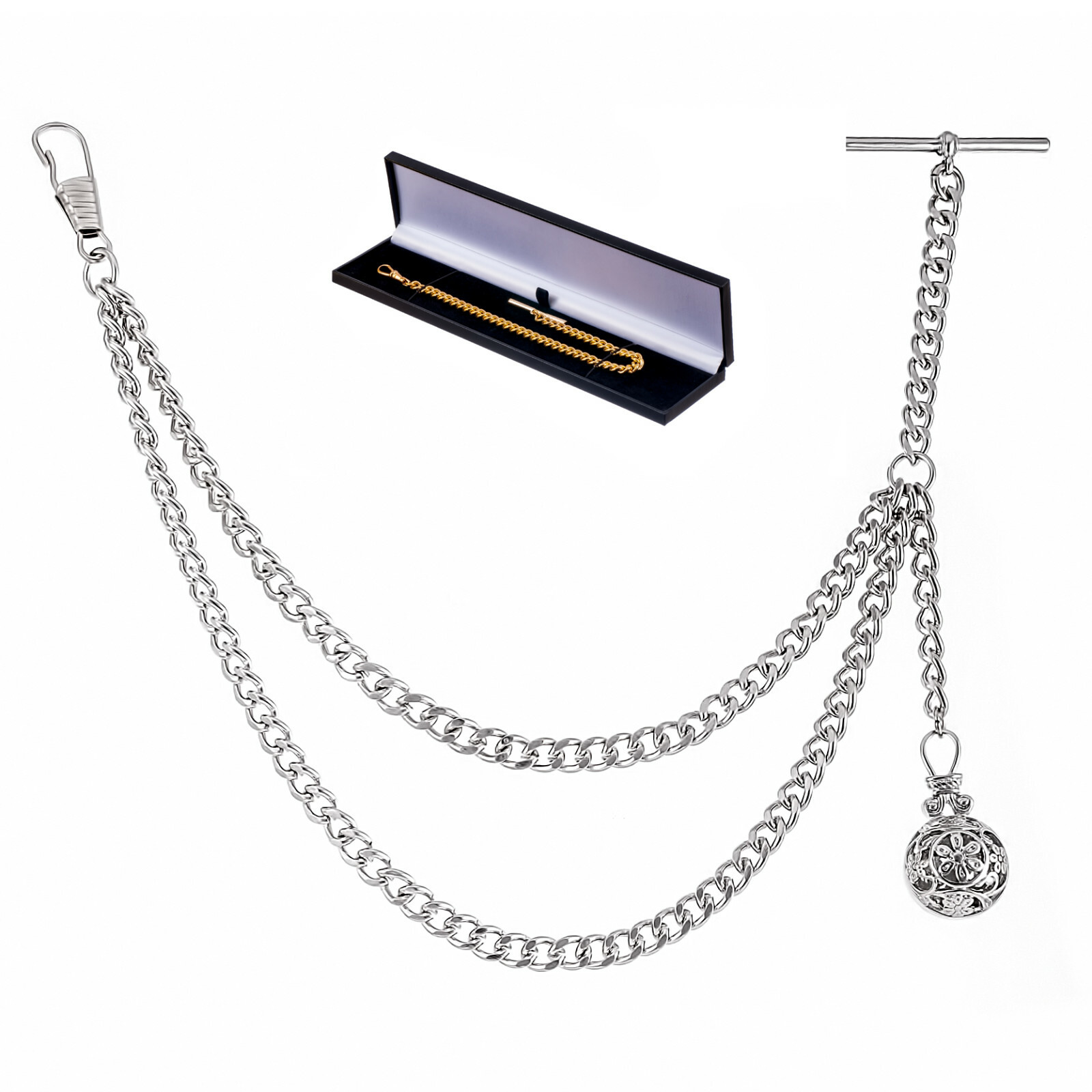 Brand New Silver Colour Single Albert Pocket Watch Chain With Pendant 143