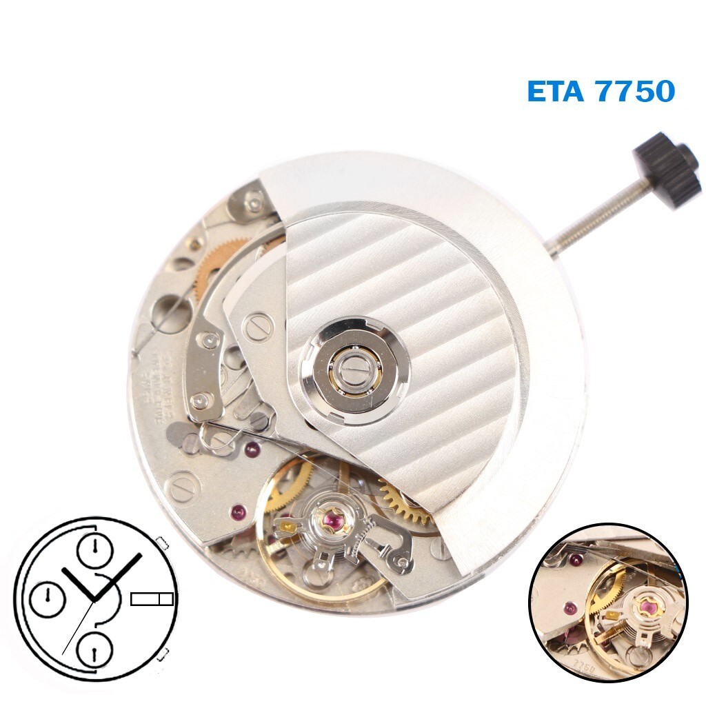 Eta Vajoux 7750 Swiss Automatic Movement, Chrono, White Day/Date Disks on 3.