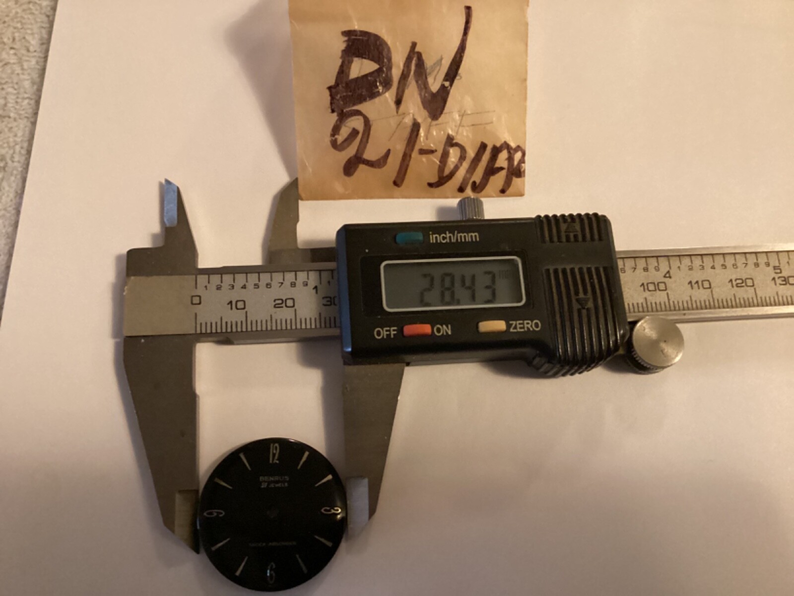 Benrus black dial silver markers never used for DN 21 watch movement 28.43mm