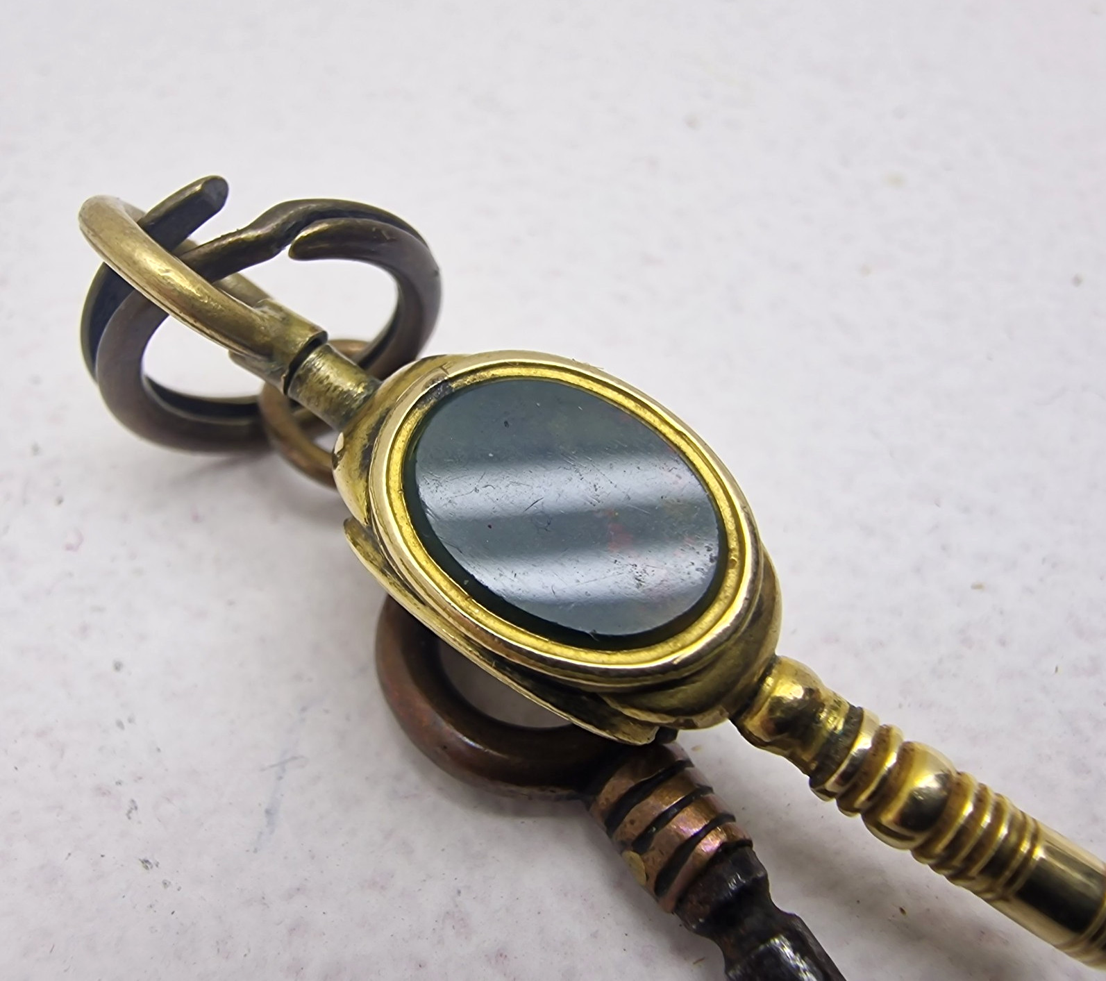 Antique Brass Pocket Watch Winding Keys Multi Stone Swivel Fob Victorian Era