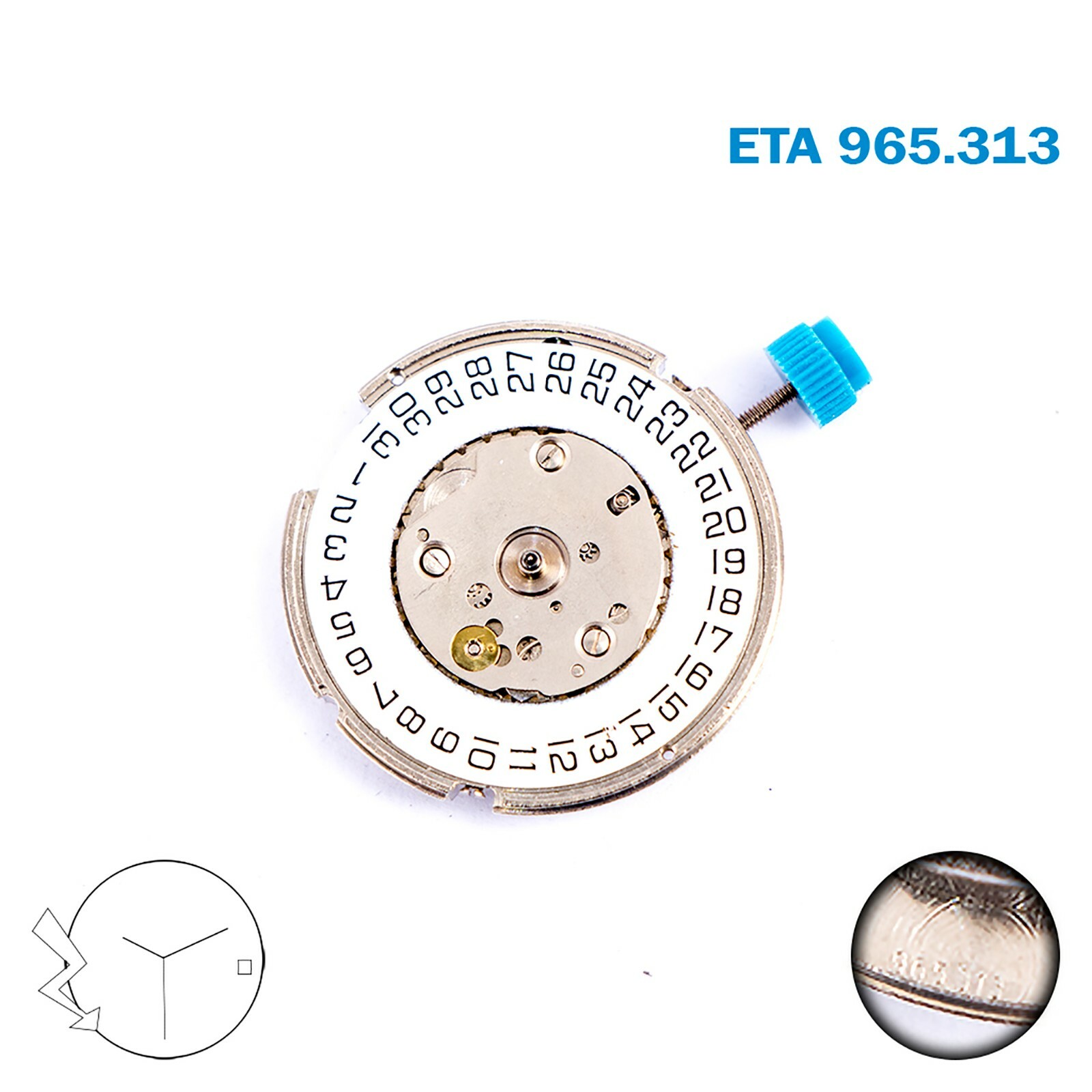 ETA 965.313 Swiss Watch Movement, White Date Disk on 3, 3 Hands, 6Jewels.