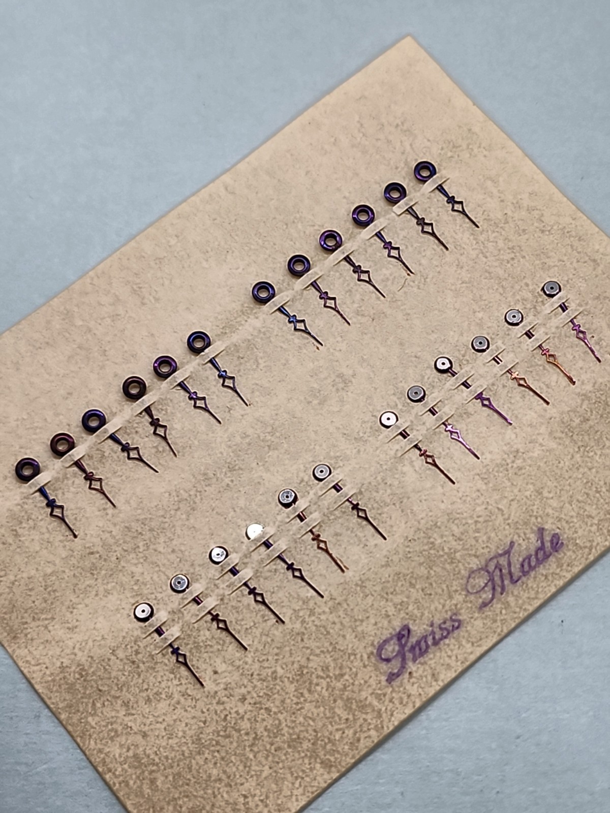 1 Card (12 Sets) Of NOS Swiss Plum Cathedral Hr/Min Hands With 130/40 Hole Sizes