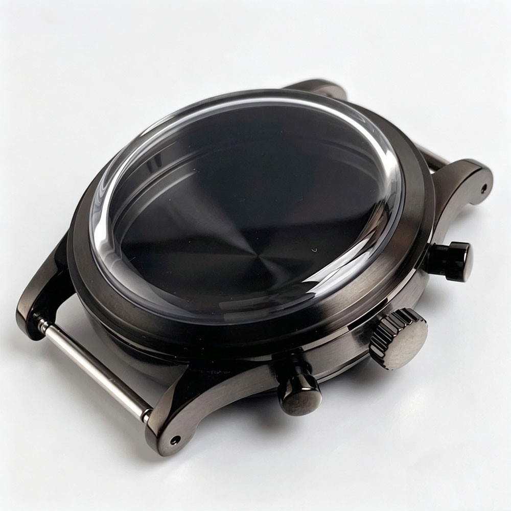 Retro 38mm Steel Watch Case For Miyota OS20 Movt Chronograph Quartz Black Silver