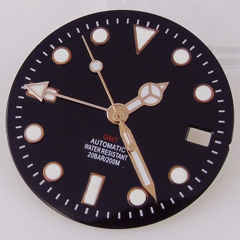 Luminous Black Sub Watch Dial 29mm for nh34 gmt Movement Black/Gold/Rose Gold