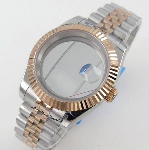 BLIGER 39MM Two Tone Gold Strap Watch Case Fluted Bezel fit NH35A NH36A PT5000