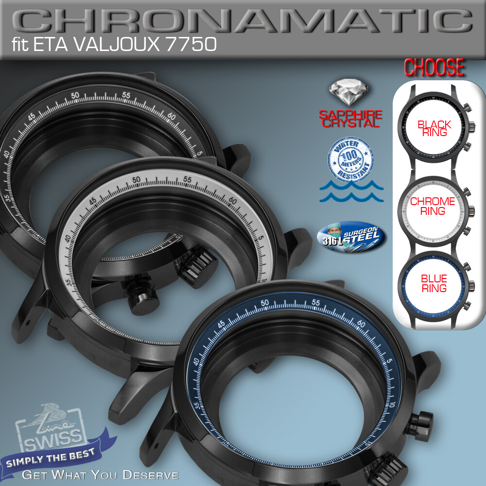 WATCH CASE CHRONOMATIC FOR MOVEMENT ETA VALJOUX 7750, ST-ST, BLACK PVD, 44 MM