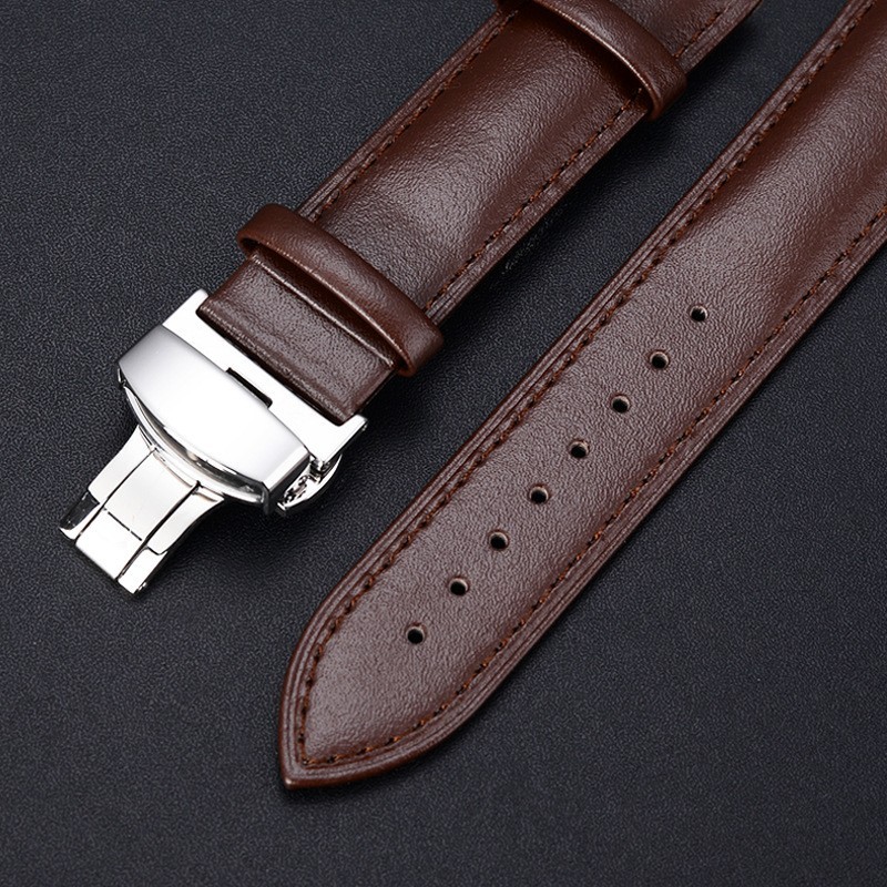 14mm-24mm Genuine Leather Watch Strap Butterfly Buckle Unisex Two Layer