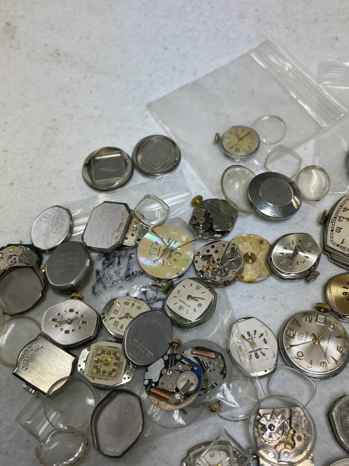 Vintage Watch Repair Parts Lot Movements Cases Dials Crystals Bulova Elgin Craft