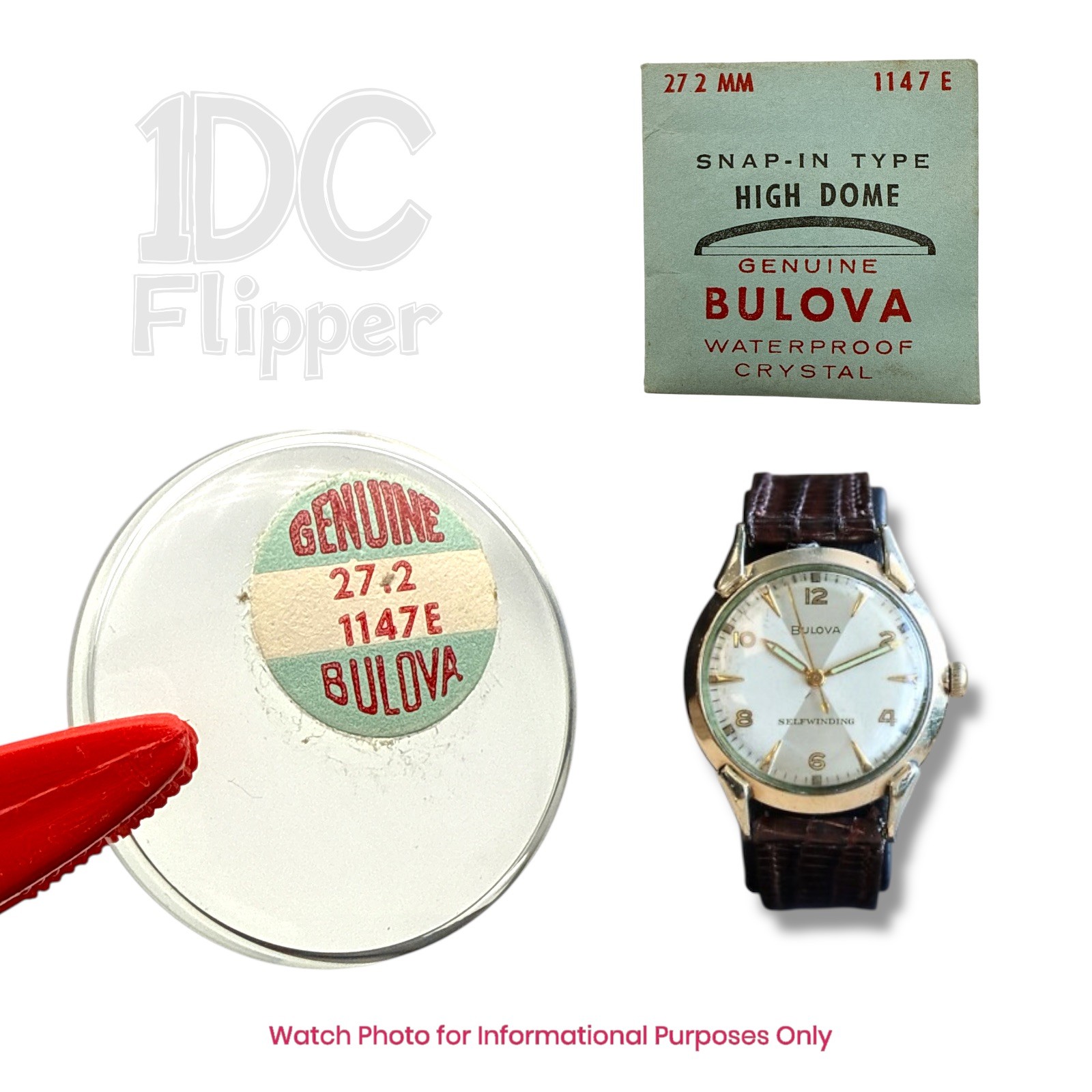 Bulova 11ACAC Watch Crystal 1147E 27.2 mm High Dome Bulova Clipper 1950s NOS