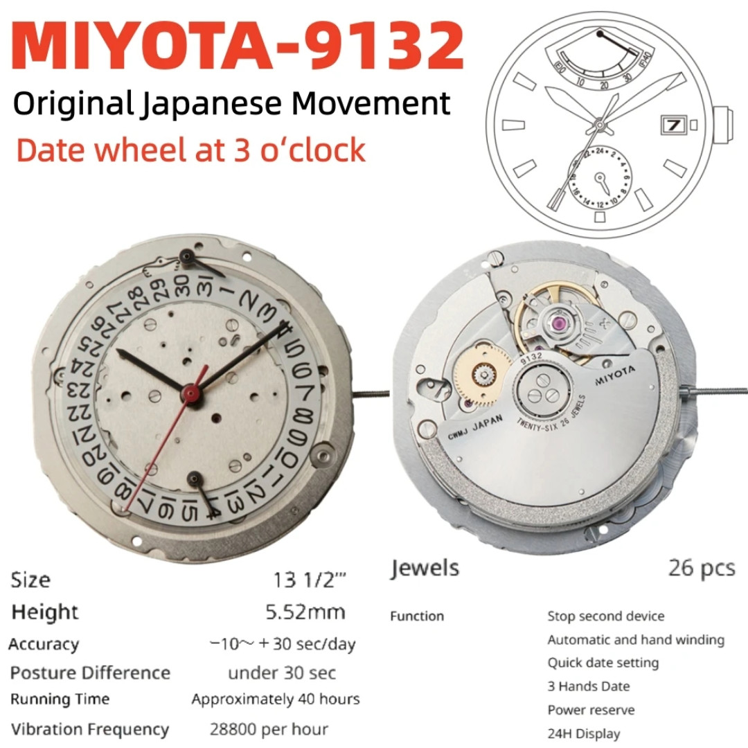 Miyota 9132 Mechanical Movement 26 Jewels High Beat Date at 3 o clock Caliber