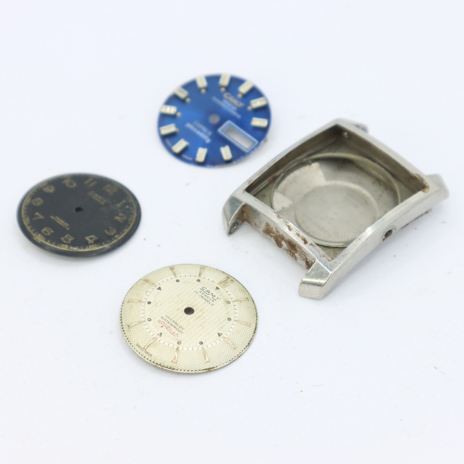 Assorted Vintage Camy Watch Steel Case & Three Dials Watch Parts Swiss Projects