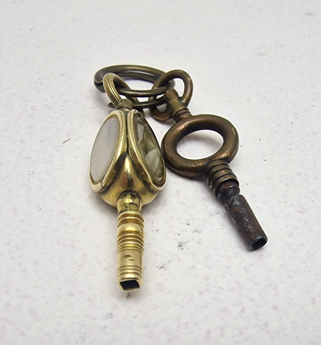 Antique Brass Pocket Watch Winding Keys Multi Stone Swivel Fob Victorian Era