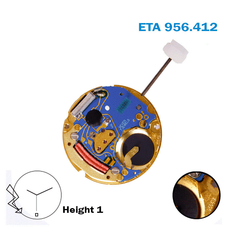ETA Swiss Made Movement 956.412, Gold Date Disk At 6, 3Hands, Height 1.