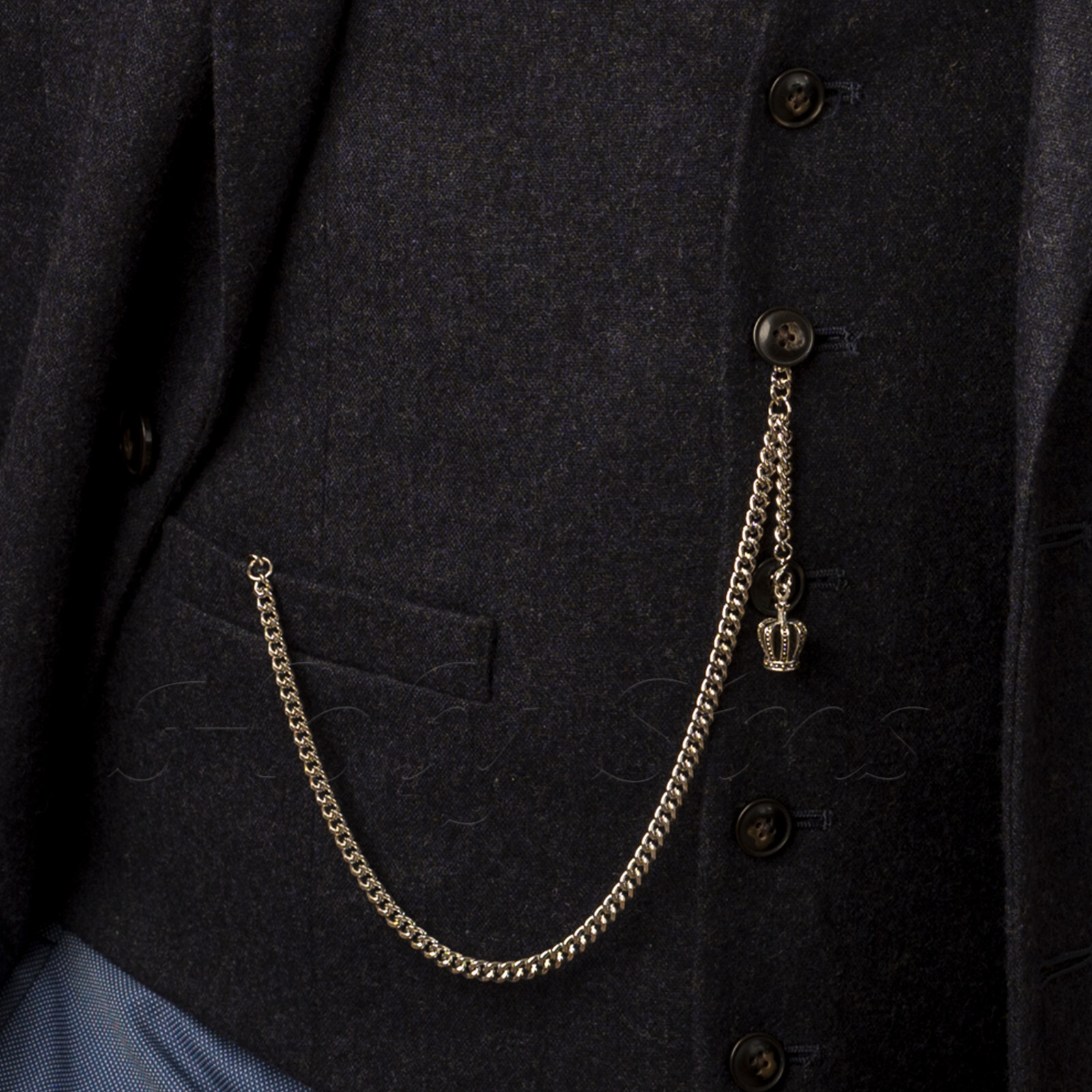 Silver Colour Single Albert Pocket Watch Chain With Crown Pendant 024-S