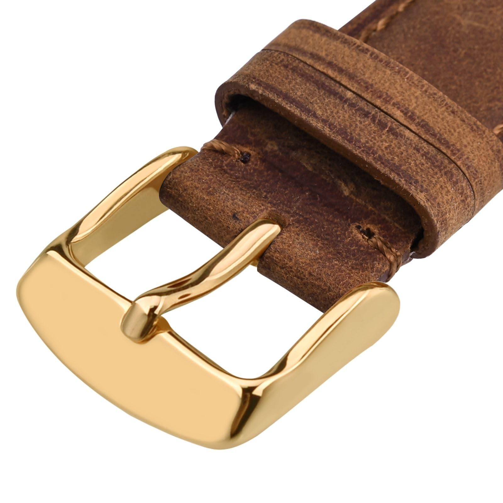 WOCCI 18mm Genuine Leather Watch Band with Gold Buckle (Caramel Brown)