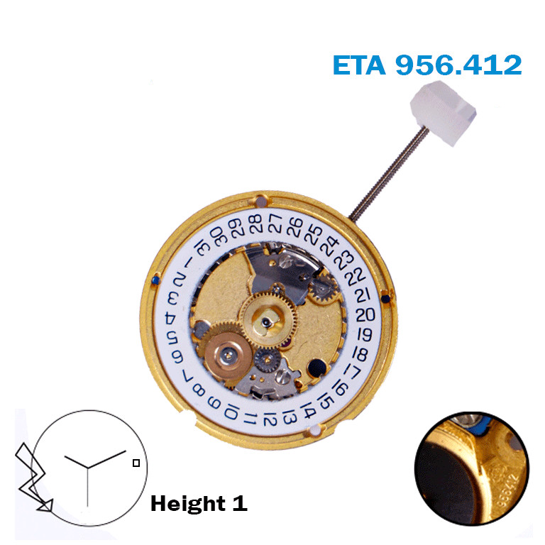 ETA 956.412 Quartz Swiss Movement- 3 Hands-White Date Disk At 3-Height:1
