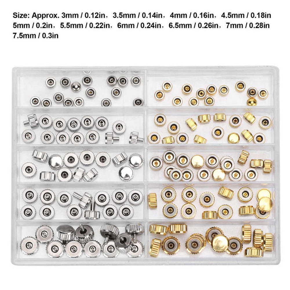 100Pack 3.0‑7.5mm Alloy Watch Crown Head Assortment Watchmaker Repair Box Kit